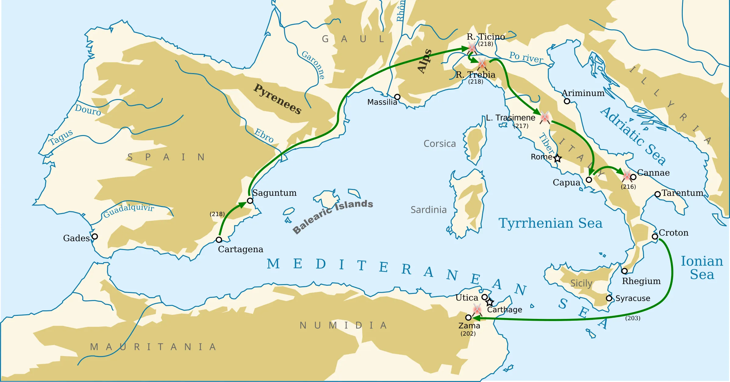 Percorso dell’invasione di Annibale durante la seconda guerra punica